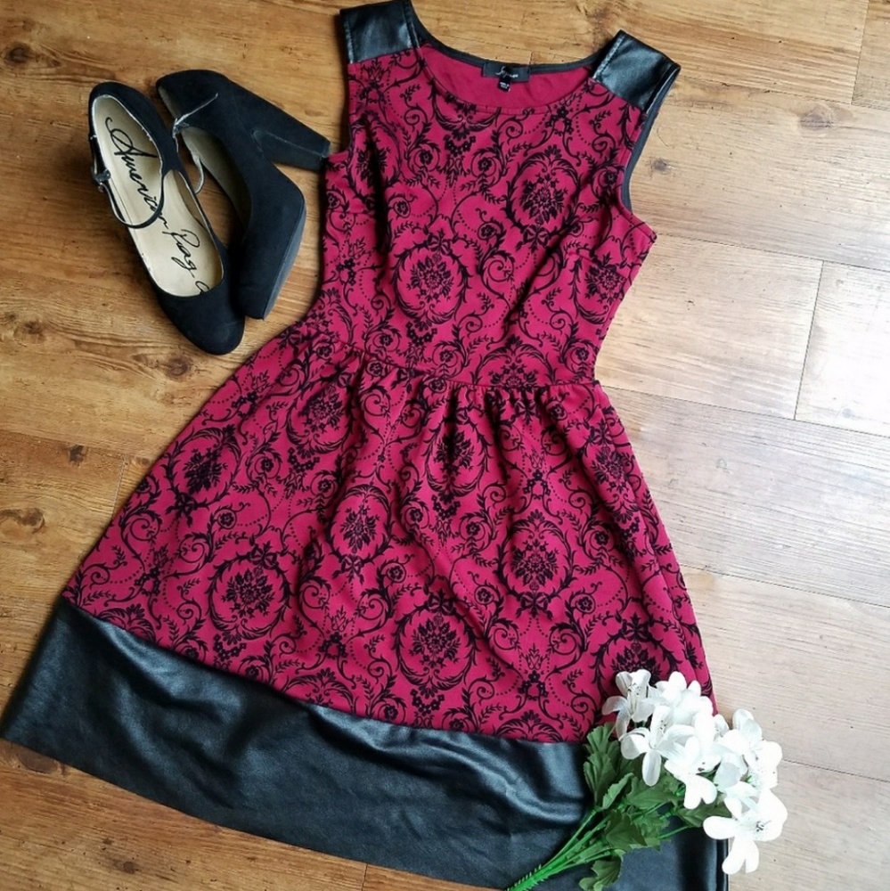 Burgundy Fit and Flare Dress w/ Leather